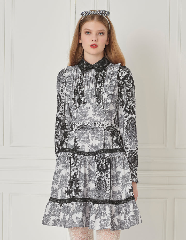 BORA AKSU Peter Pan Collar Puff Sleeve Lace Print Midi Dress