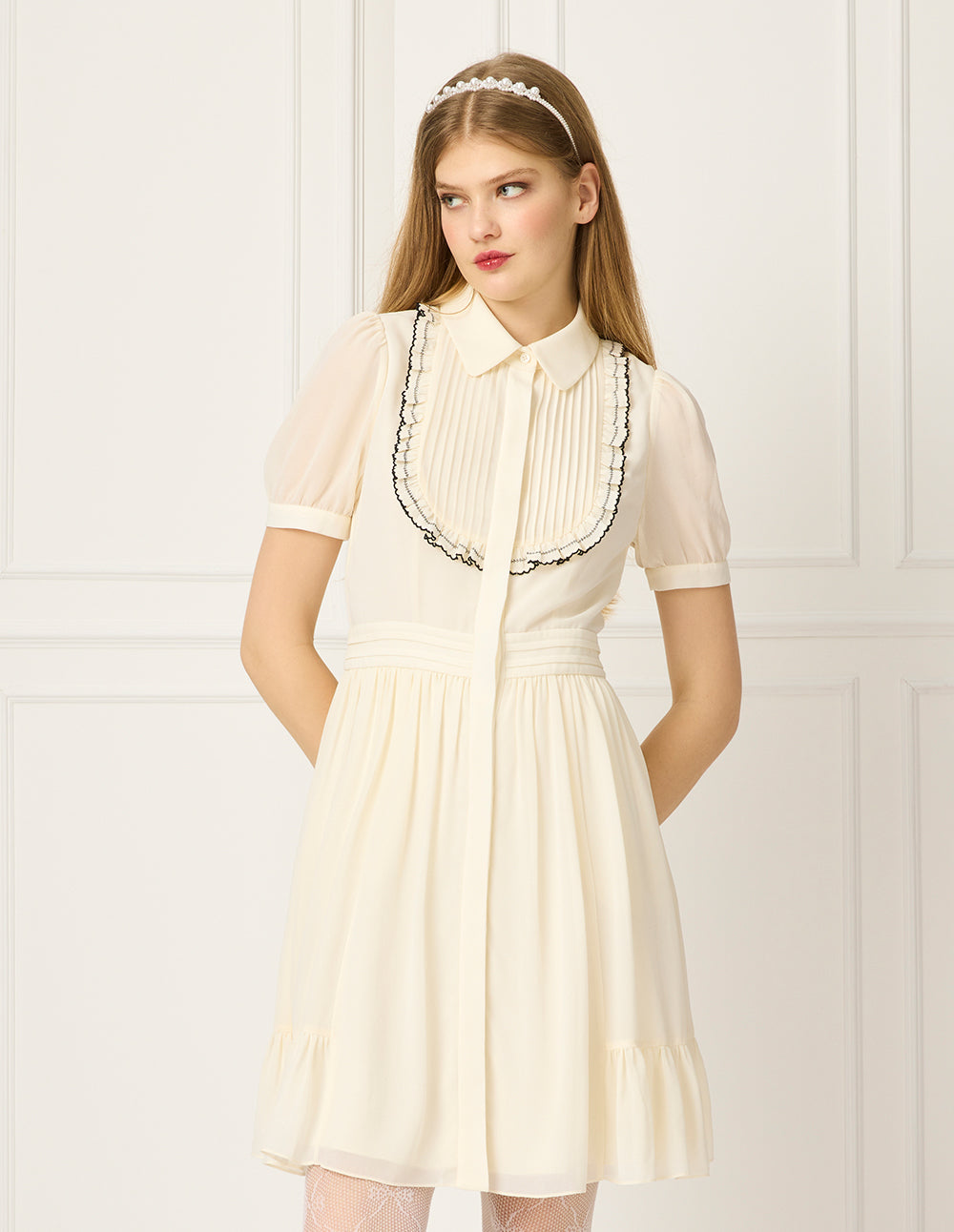 BORA AKSU Turn-Down Collar Puff Short Sleeve Pin-Tuck Black Ruffled-Trimmed Midi Shirt Dress