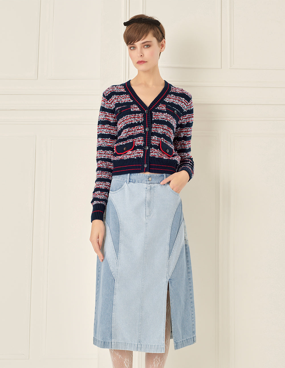 BORA AKSU Versatile Washed Blue Colour Block Slit Denim Skirt