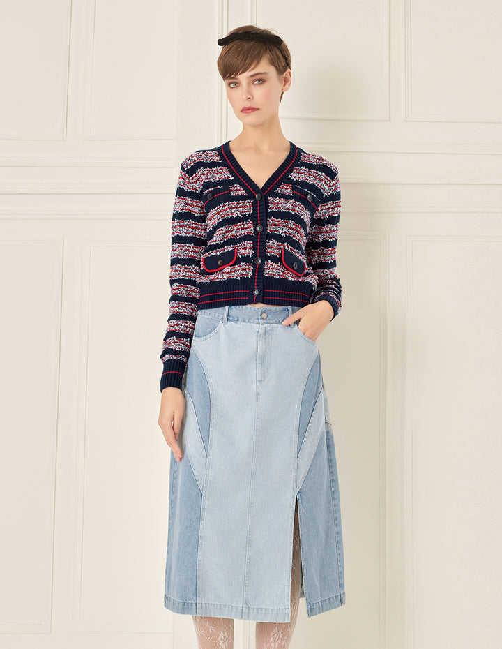 BORA AKSU Versatile Washed Blue Colour Block Slit Denim Skirt