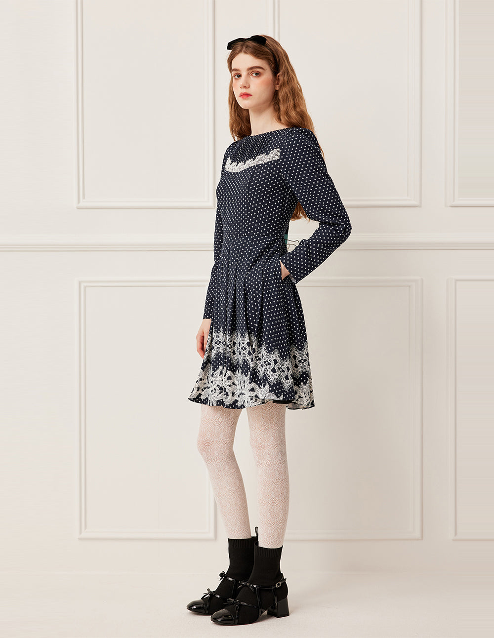BORA AKSU Boat-Neckline Long Sleeve Lace Trim White Polka Dot Pleated Midi Dress