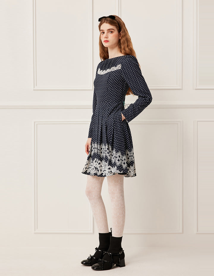 BORA AKSU Boat-Neckline Long Sleeve Lace Trim White Polka Dot Pleated Midi Dress