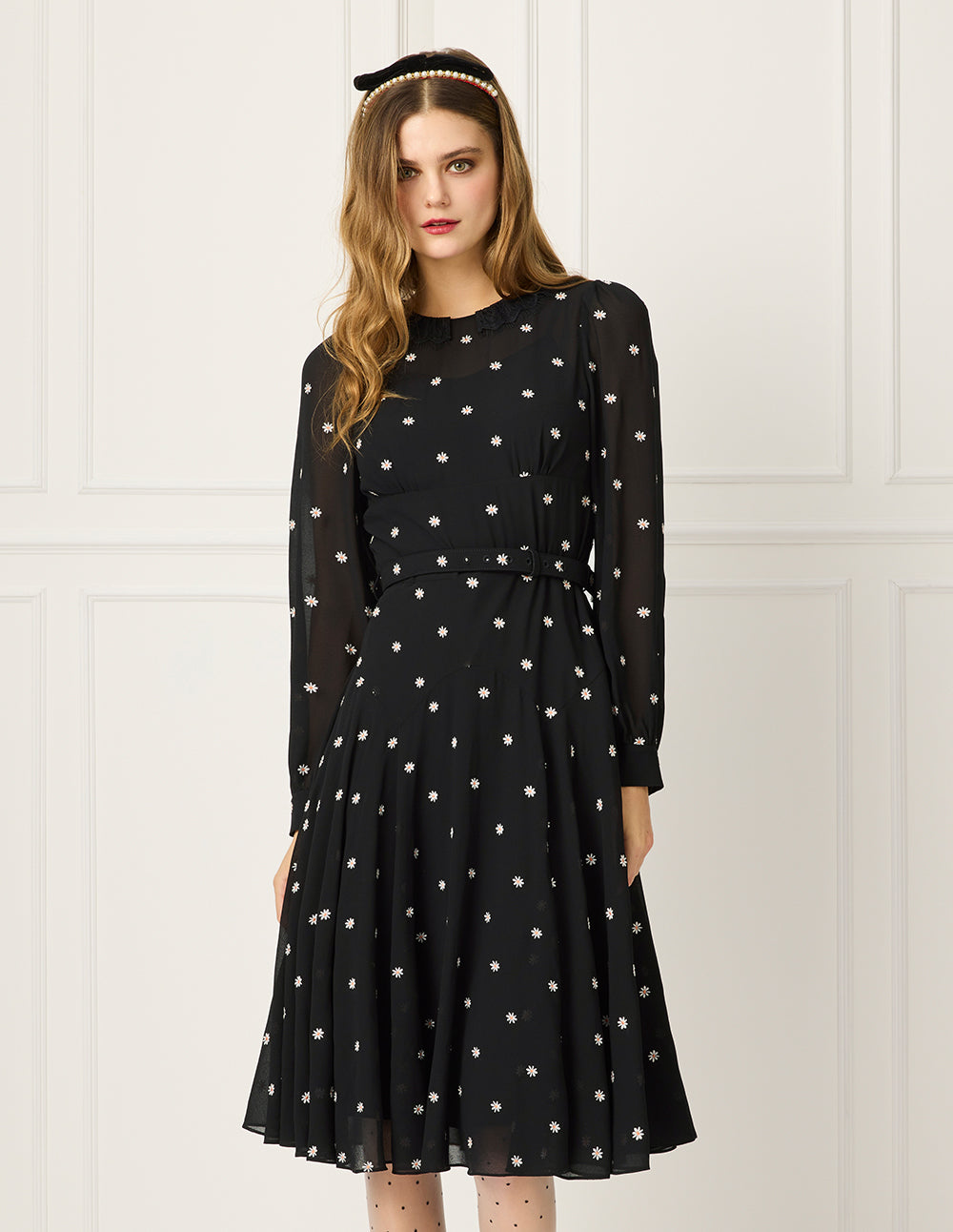 BORA AKSU Lace Round-Neck Puff Long Sleeve Daisy Floral Embroidered Midi Dress
