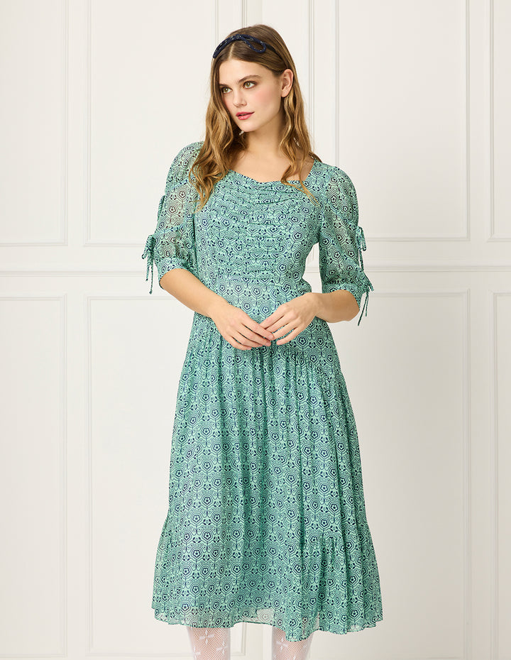 BORA AKSU Diamond Collar Puff Short-Sleeve Empired Print Midi Dress