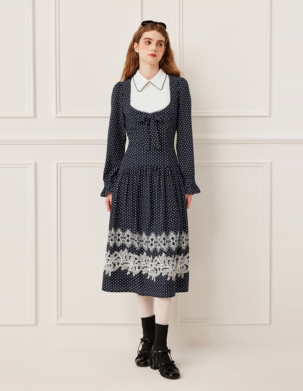 BORA AKSU Peter Pan Collar Pin-Tuck Puff Sleeve Lace Trim White Polka Dot Dress