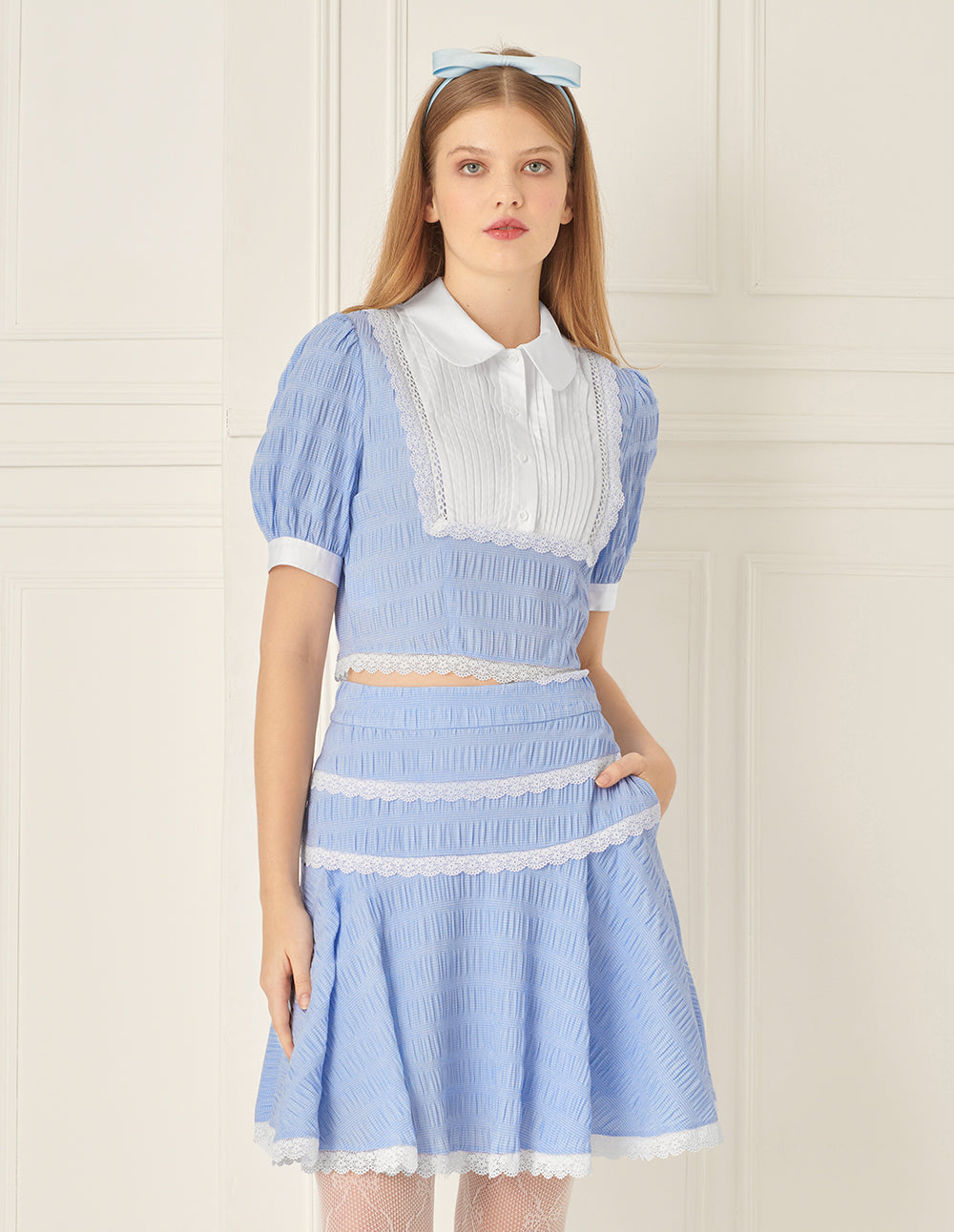 BORA AKSU Puff Sleeve Peter Pan Collar Color Block Lapel Top