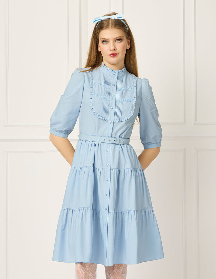 BORA AKSU Ruffled Stand-Collar Pin Tuck Puff Short-Sleeved Pleated Midi Dress