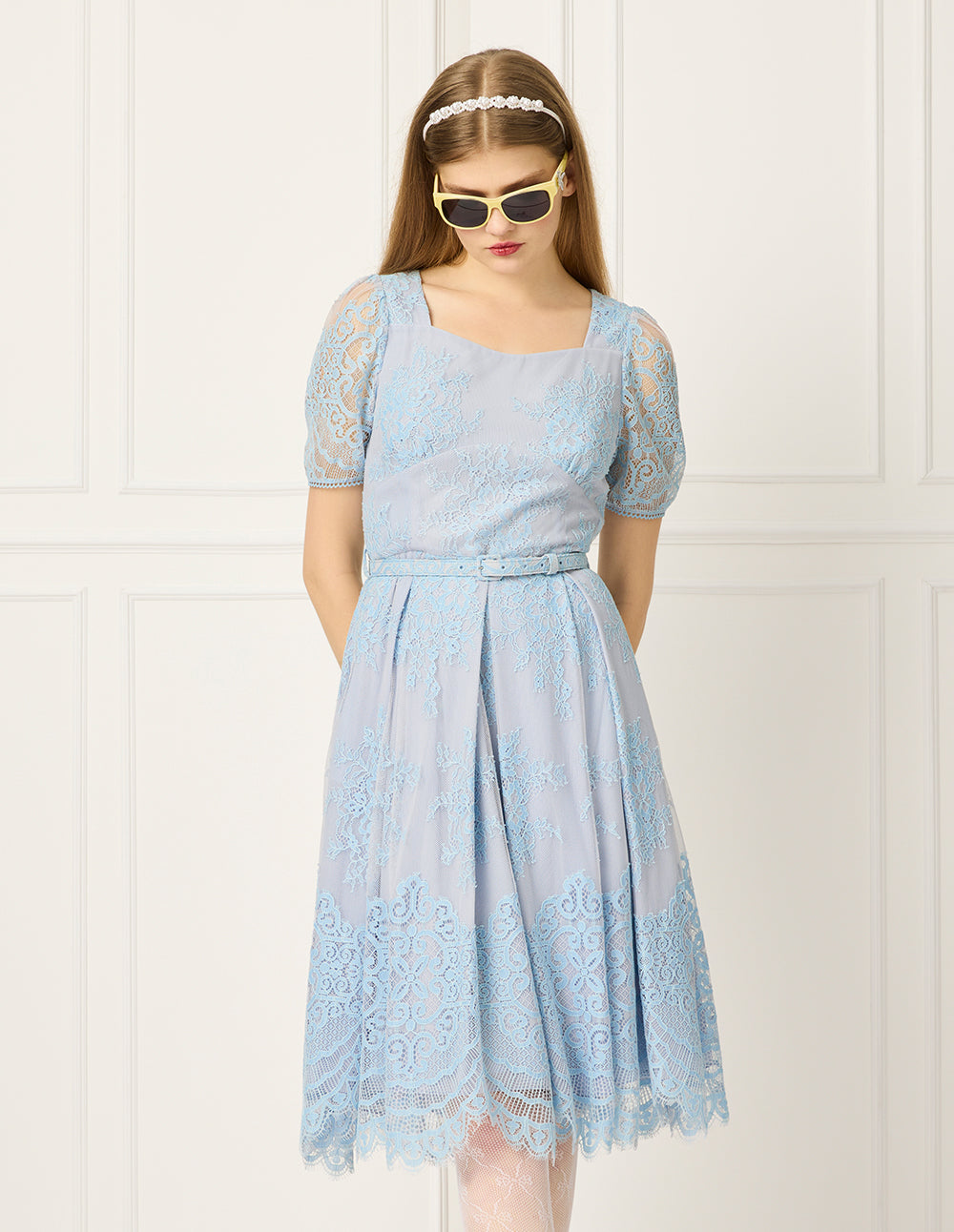 BORA AKSU Diamond-Collar Puff Short-Sleeve Lace-Floral Print Pleated Midi Dress