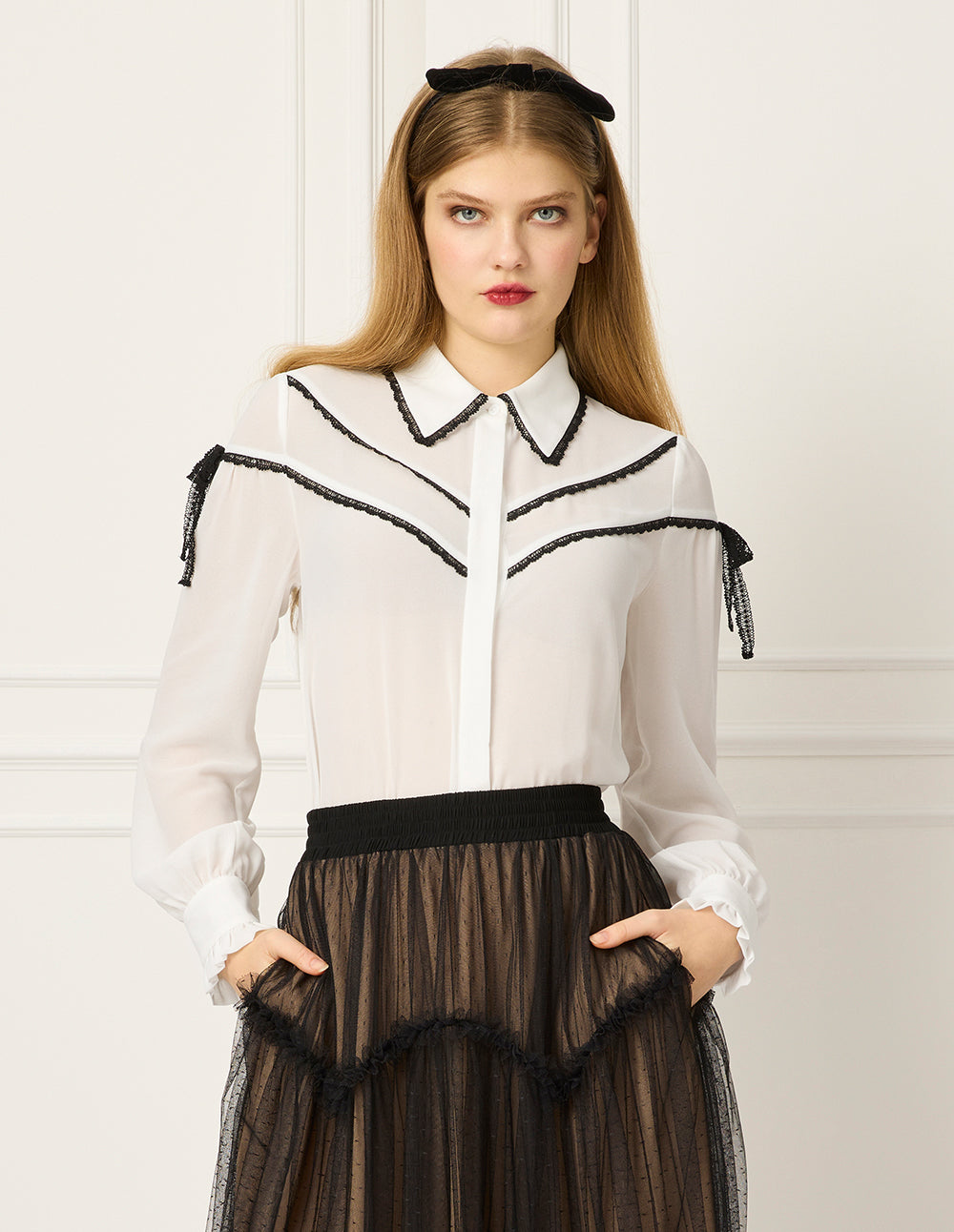 BORA AKSU Lace Floral Trim Bubble Long Sleeve Blouse