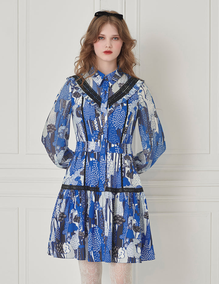 BORA AKSU Shirt-Collar Long-Sleeve Color-Block Lace-Embellished Printed Mini Shirt Dress