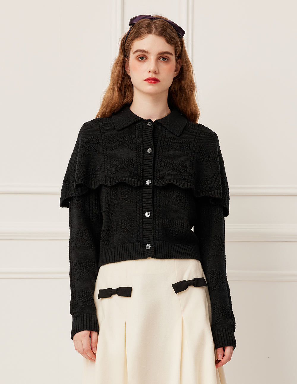 BORA AKSU Black Cape Patchwork Hollow Wool Double-Layer Knit Cardigan