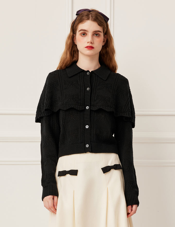 BORA AKSU Black Cape Patchwork Hollow Wool Double-Layer Knit Cardigan