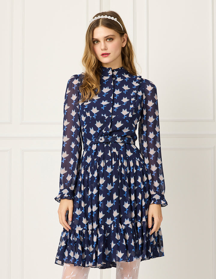 BORA AKSU Ruffle Collar Long Bubble Sleeve Floral Printed Trumpet Dress
