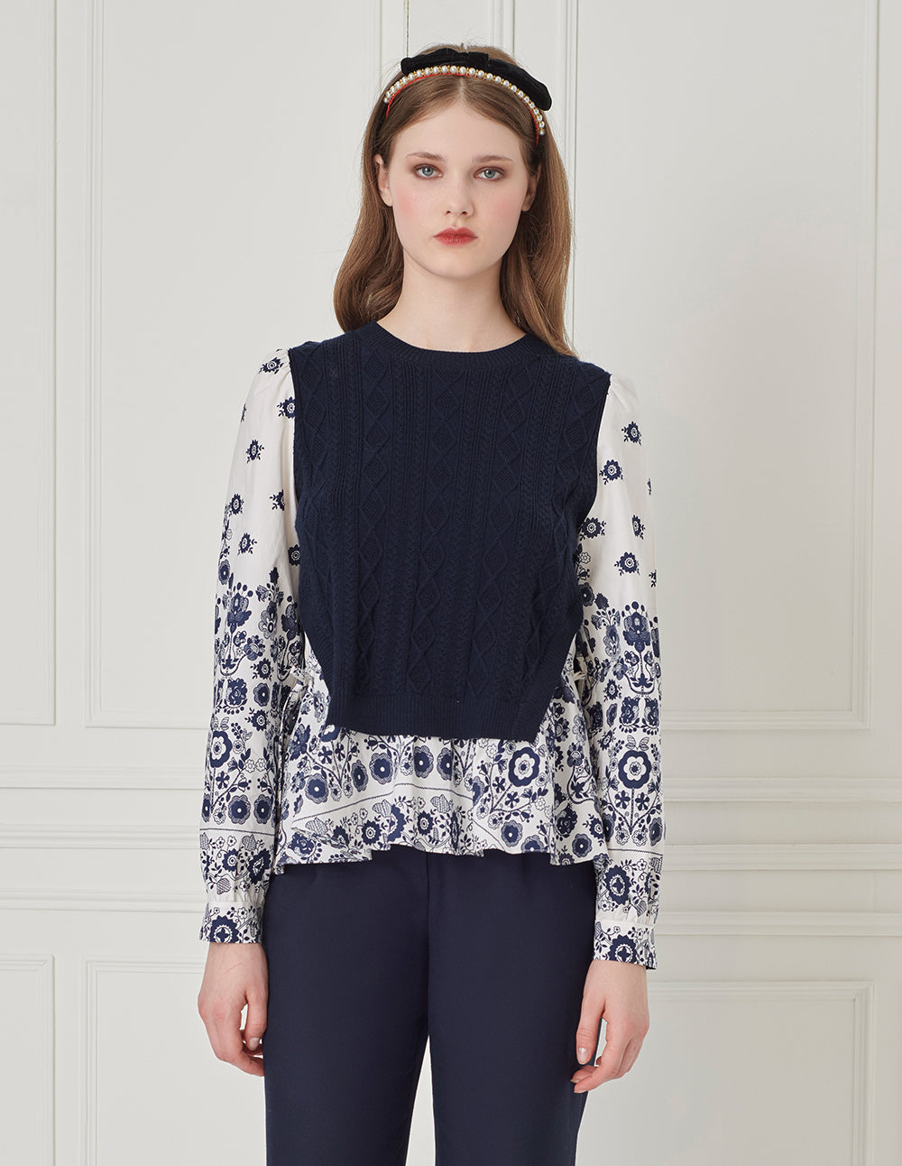 BORA AKSU French Round Collar Knitted Splicing Printed Flower Top