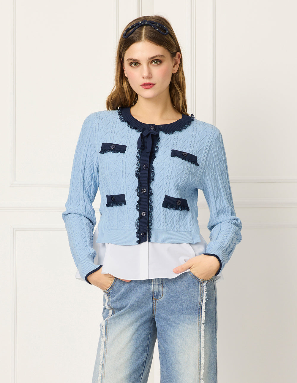 BORA AKSU Round-Neck Lace-Striped Patchwork Cropped Knit Cardigan