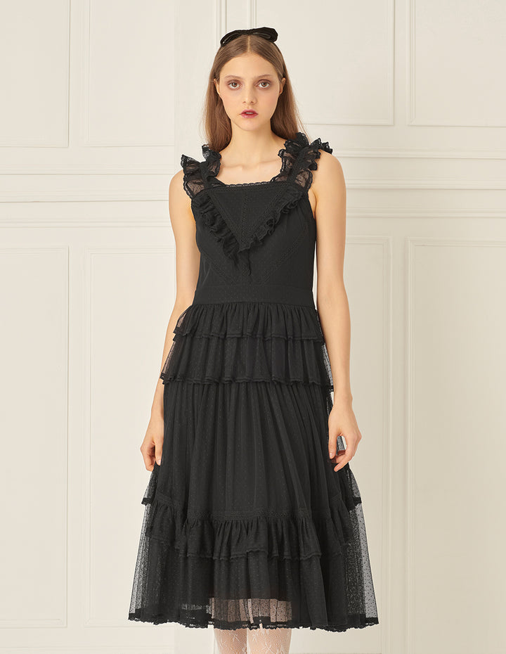 BORA AKSU Mesh Layered Ruffles Line Pleated Dress