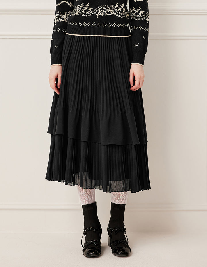 BORA AKSU Double-Layer Pleated Knee-Length Black Skirt