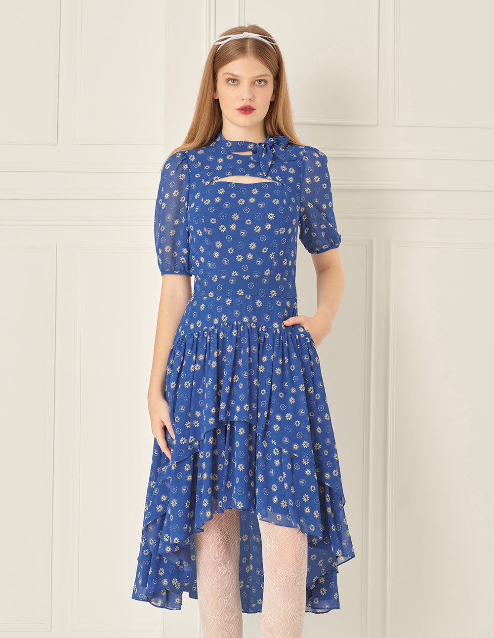 BORA AKSU French Puff Sleeve Collar Pleated Printed Dress