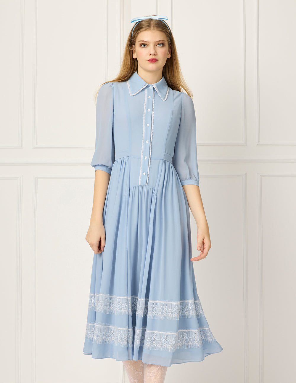 BORA AKSU Puff-Sleeve Lace-Trimmed Pleated Midi Shirt Dress