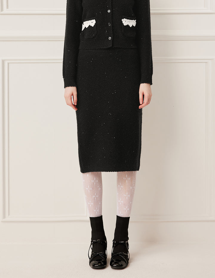 BORA AKSU Straight Fit Sequined Knee-Length Knit Skirt