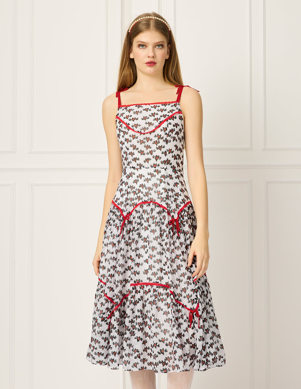 BORA AKSU Lace Trim Heart Print A-line Midi Slip Dress