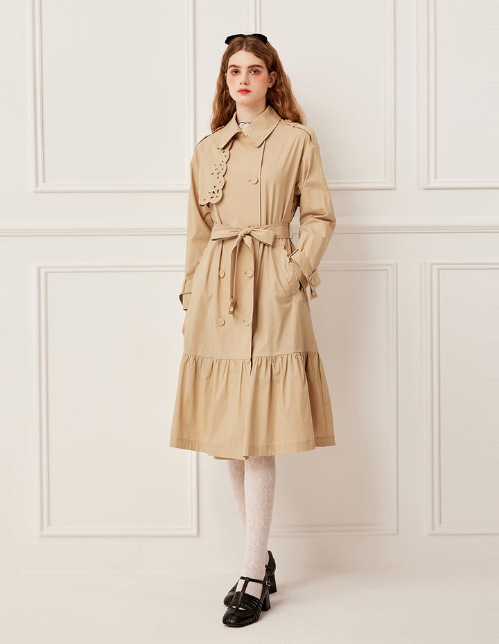BORA AKSU Asymmetric Cut-Out Embroidered Long Sleeve Double-Breasted Belted Pleated Trench Coat