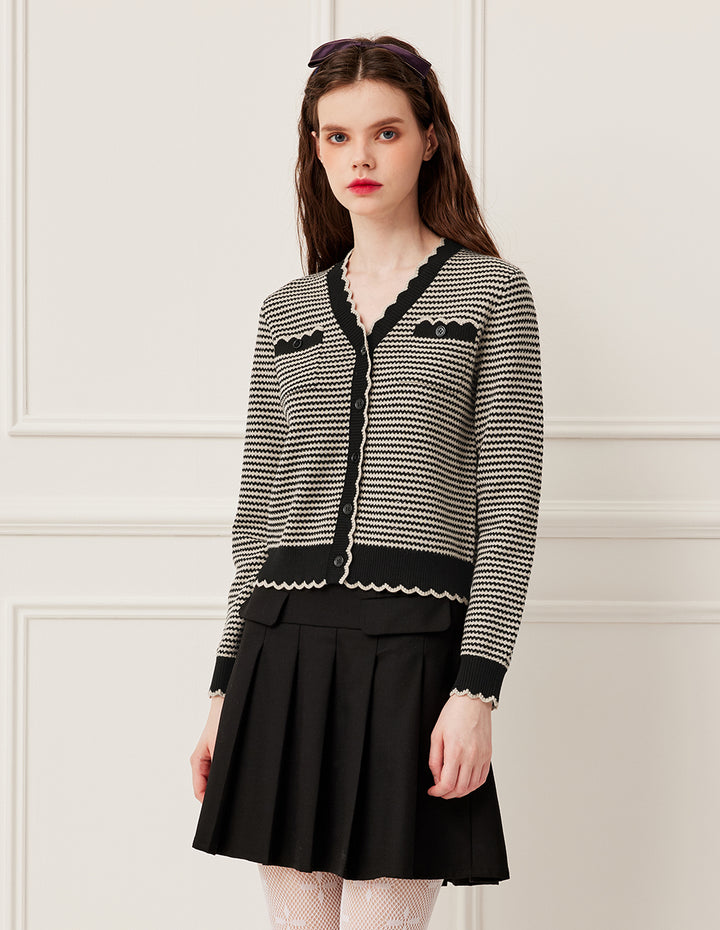 BORA AKSU V-Neck Ruffle Geometric Patterned Knit Cardigan