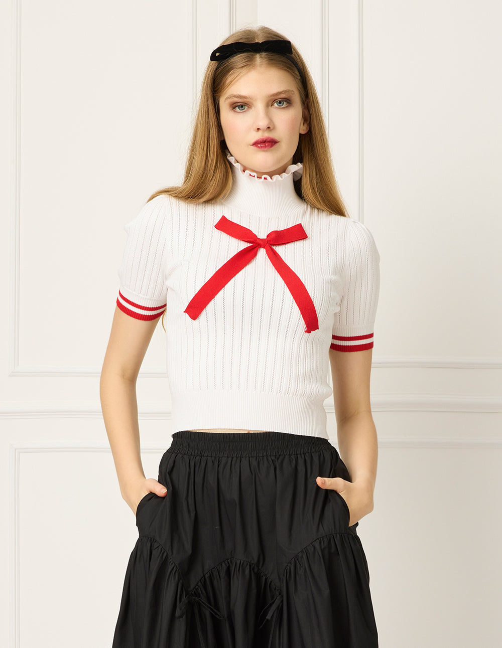 BORA AKSU Ruffled Stand-Collar Short-Sleeve Pointelle Knit Pullover With Bow Decoration
