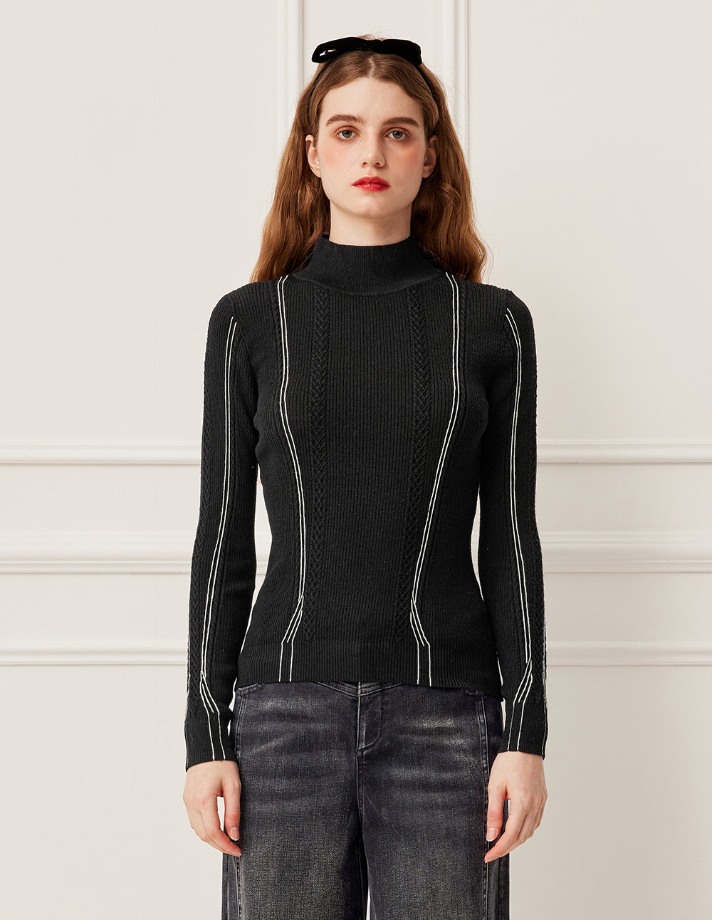 BORA AKSU Semi-High Neck Stripe Detail 100% Wool Knit Sweater