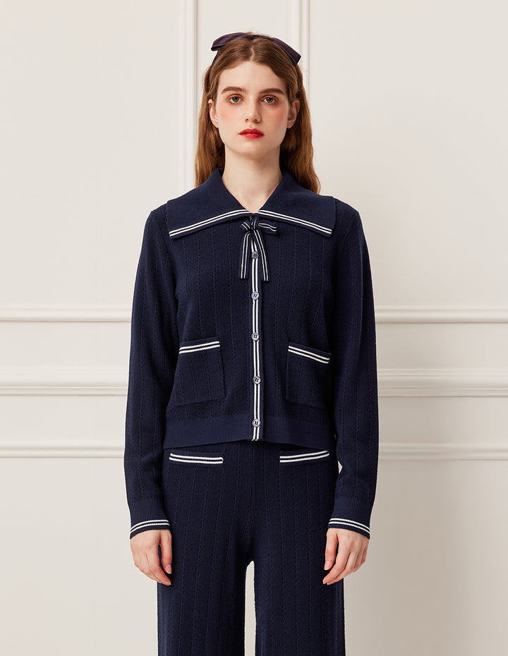 BORA AKSU Navy Blue Bow Tie Long Sleeve Wool Knit Cardigan