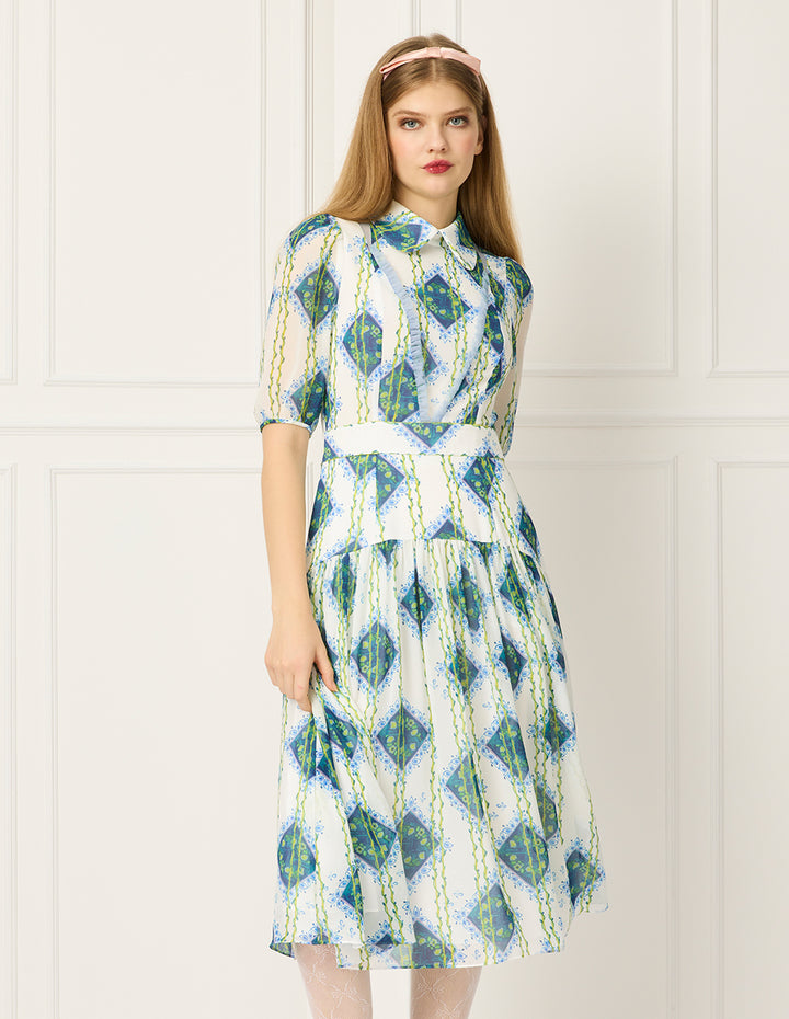 BORA AKSU Lapel Puff Short Sleeve Empire-Waist Geometric Print Pleated Midi Dress