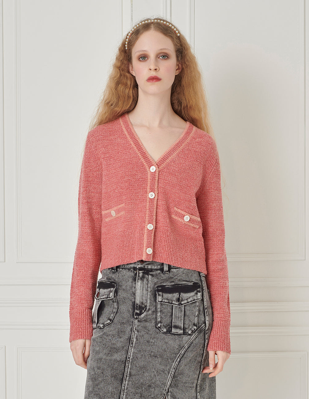 BORA AKSU Two-Color Mixed Knitted Small Fragrance V-Neck Knitted Cardigan