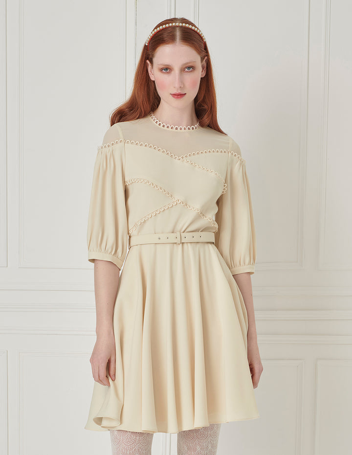 BORA AKSU Hepburn Style Acetate Patchwork Lace Trim Umbrella Dress