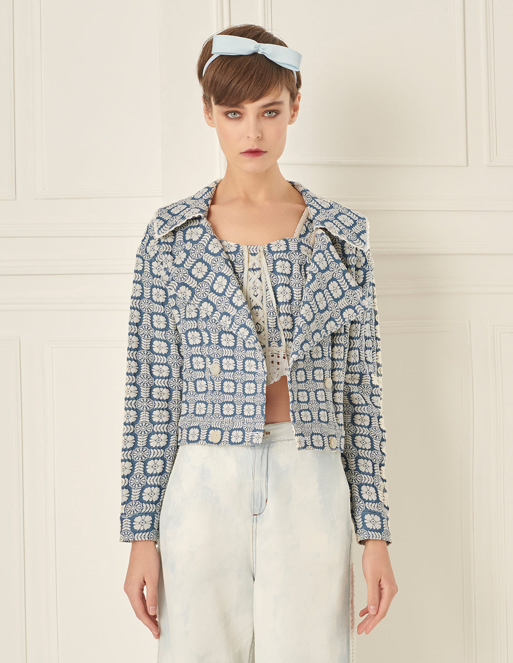 BORA AKSU Lace Lapel Embroidered Denim Jacket