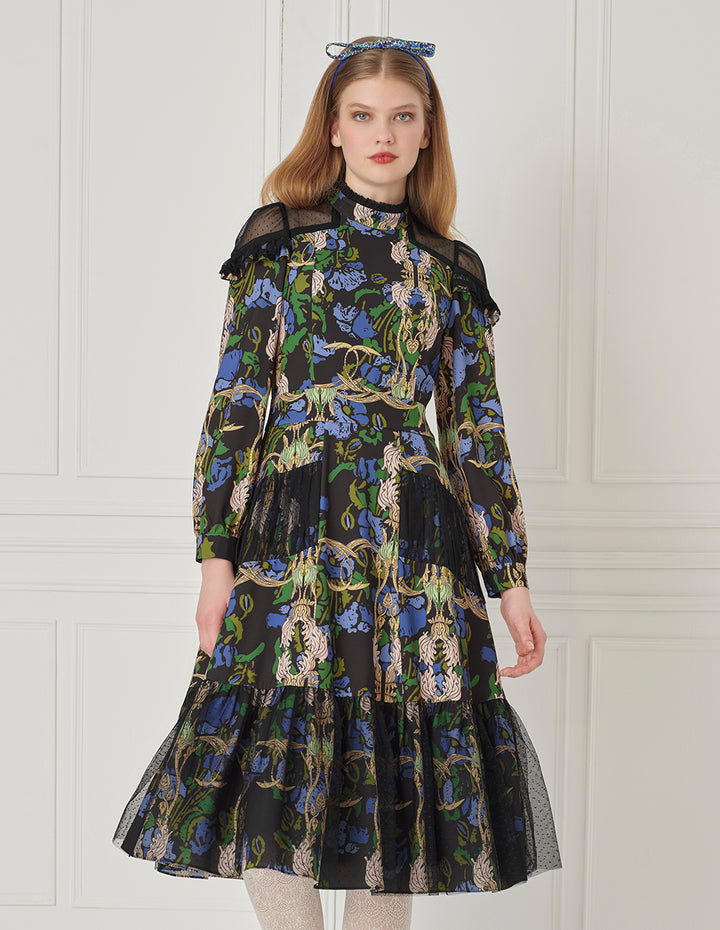 BORA AKSU Vintage High-Collar Mesh Patchwork Printed Pleated Midi Dress