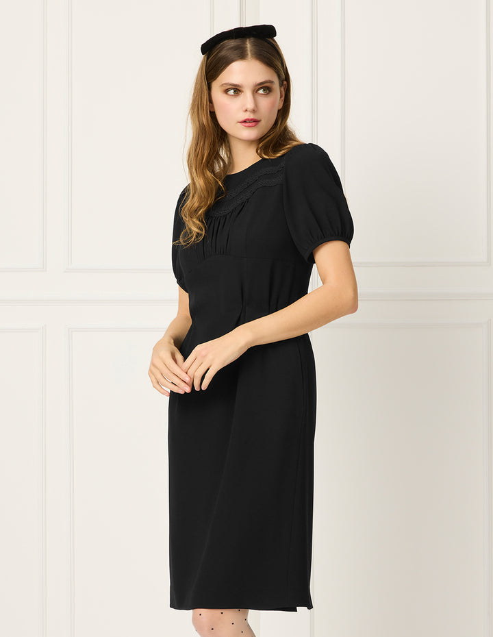 BORA AKSU Round-Neck Puff Short-Sleeve Pin-Tuck Lace-Trimmed Empire-Waist Pleated Midi Dress