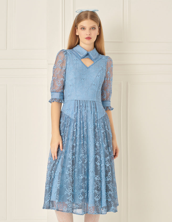 BORA AKSU French Puff Sleeve Shirt Collar Lace Pleated Dress