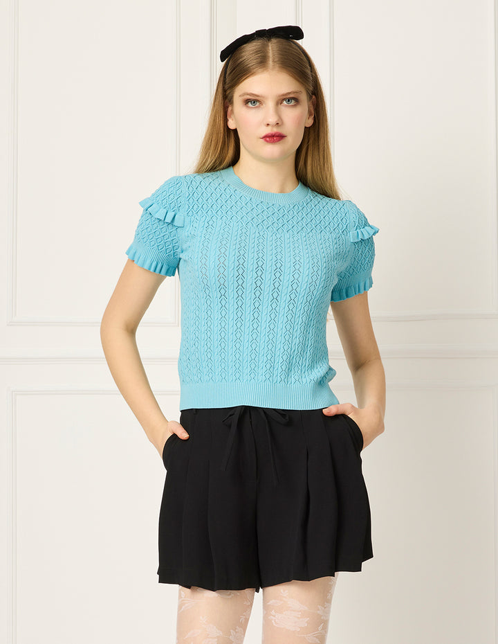 BORA AKSU Round Neck Short-Sleeve Ruffle Trimmed Knit Pullover