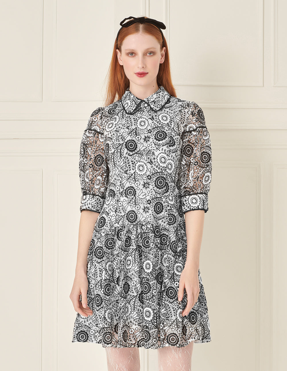 BORA AKSU Retro Puff Sleeve Black And White Lace Dress