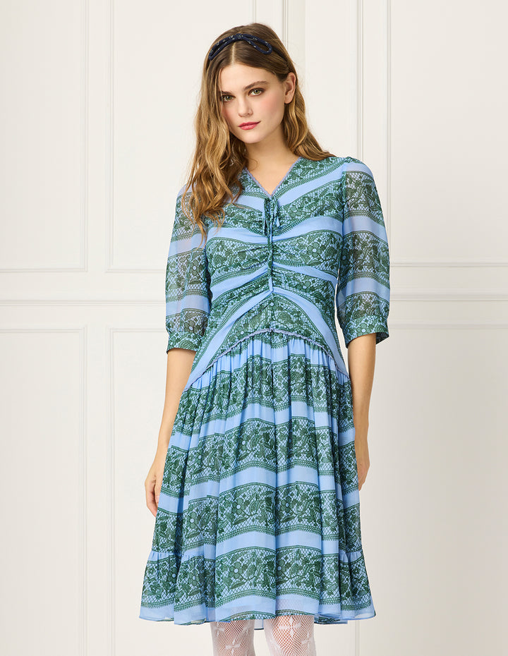 BORA AKSU Lace V-Neck Puff Short-Sleeve Floral & Strip Printed Pleated Midi Dress