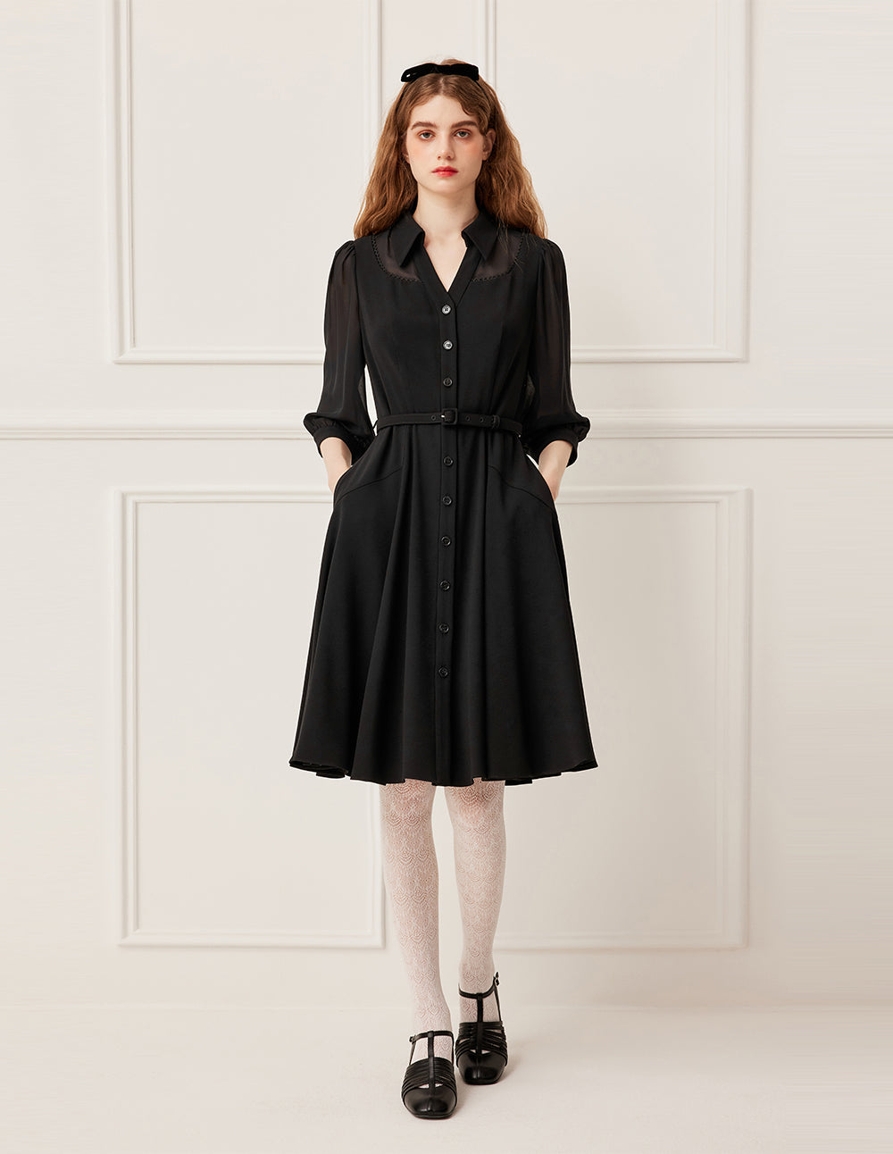 BORA AKSU V-Neck Sheer Three-Quarter Bubble Sleeve Belted Midi Shirt Dress