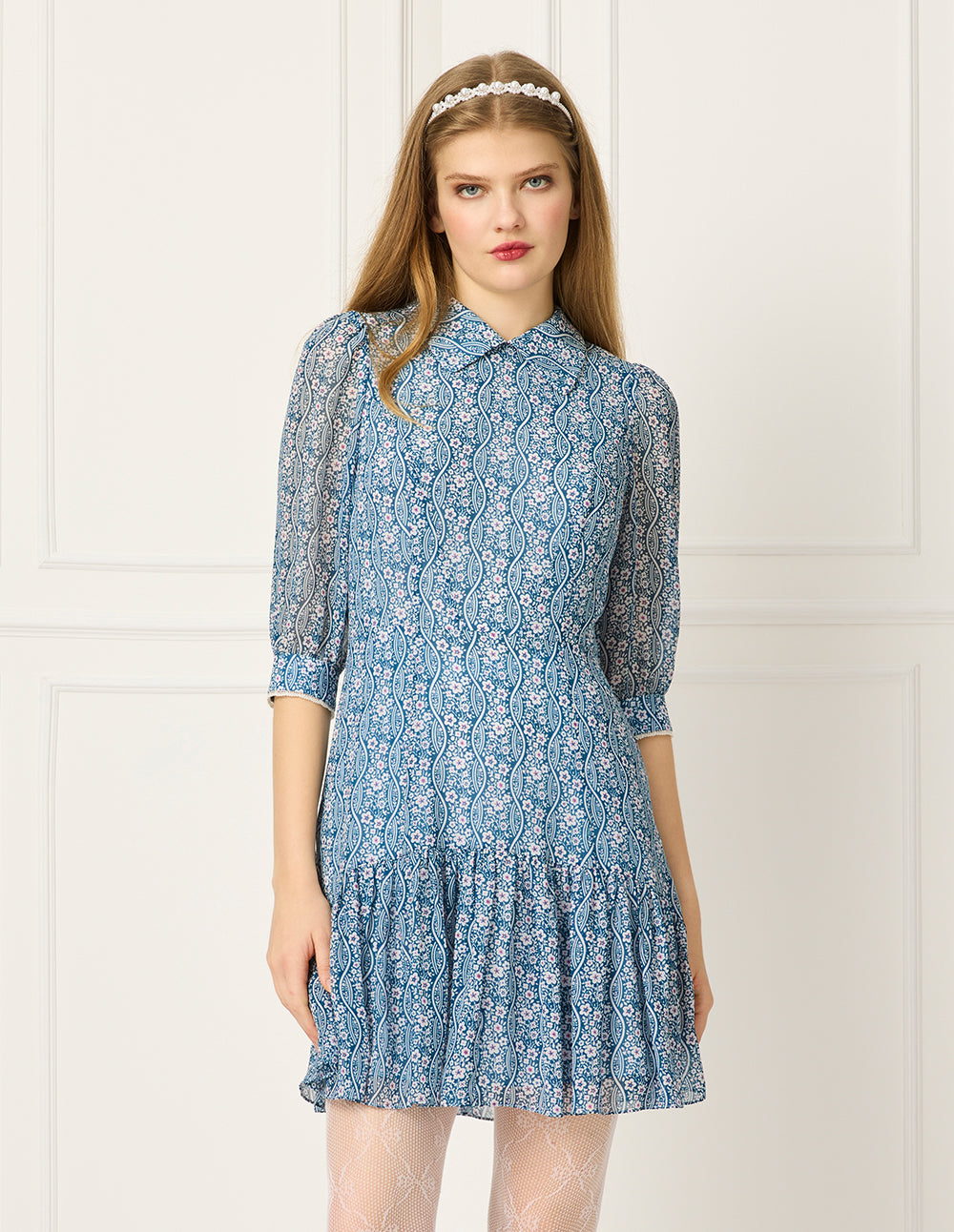 BORA AKSU Collared Puff-Sleeve Floral-Print Flounce Midi Dress