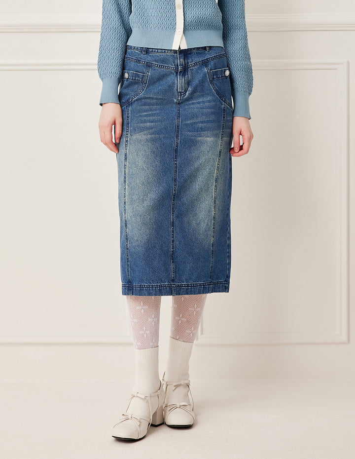 BORA AKSU Straight Leg Light Wash Knee-Length Denim Skirt