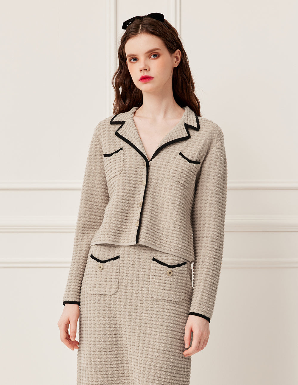 BORA AKSU Notched Collar Camel Black Trim Short Wool Jacquard Knit Cardigan