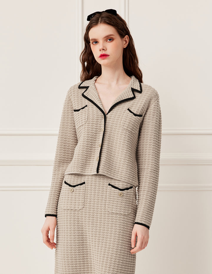 BORA AKSU Notched Collar Camel Black Trim Short Wool Jacquard Knit Cardigan