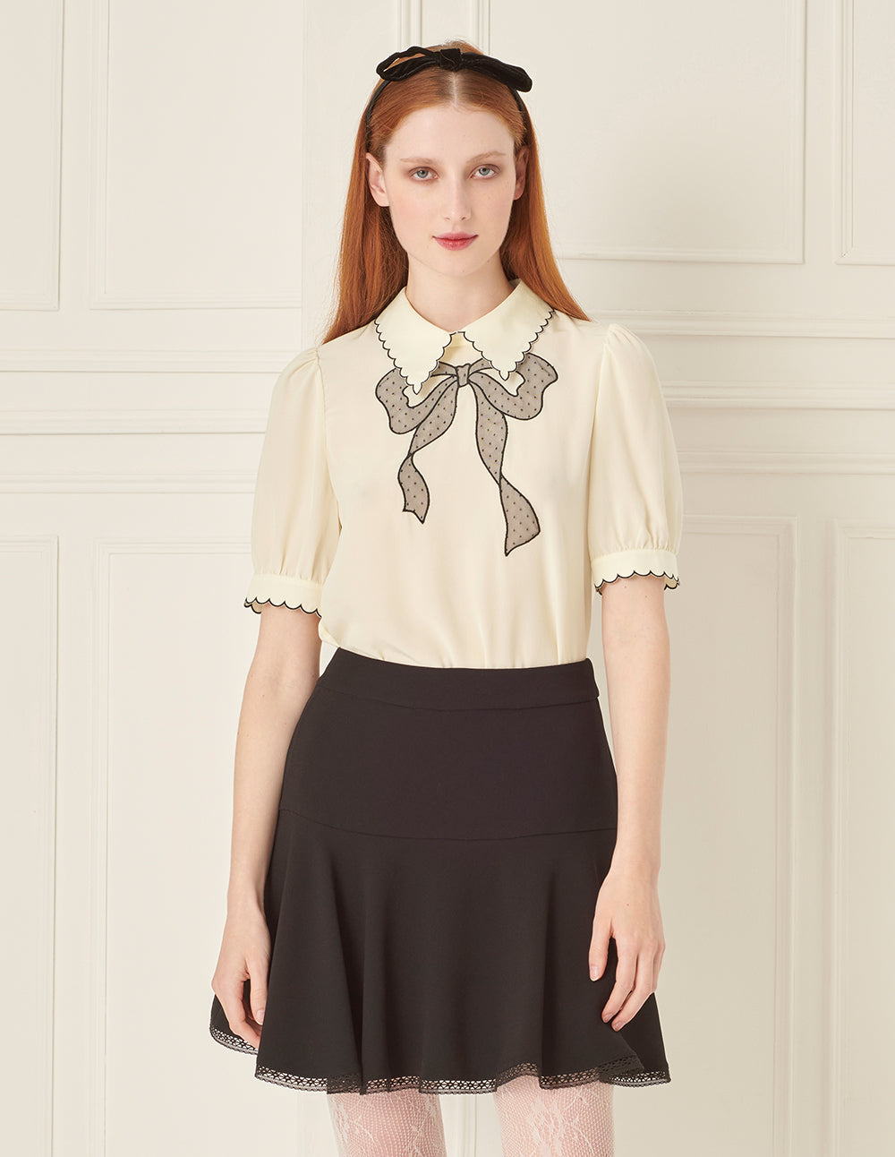 BORA AKSU Petal Collar Mesh Bow Embroidered Silk Blouse