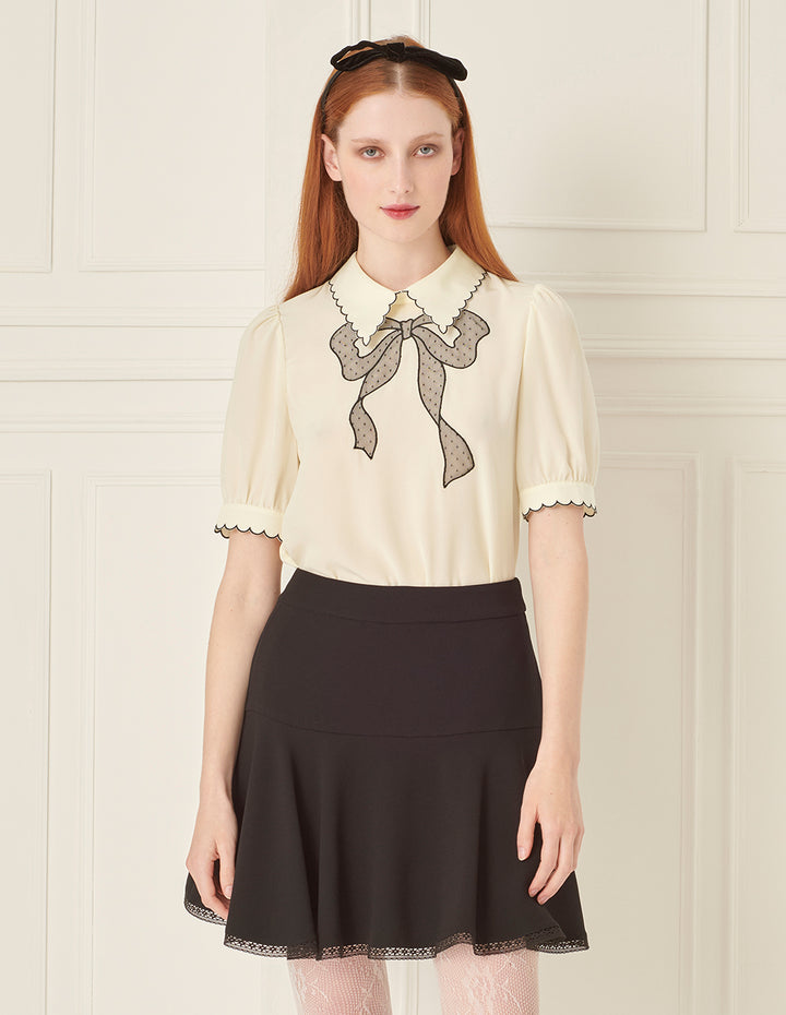 BORA AKSU Petal Collar Mesh Bow Embroidered Silk Blouse