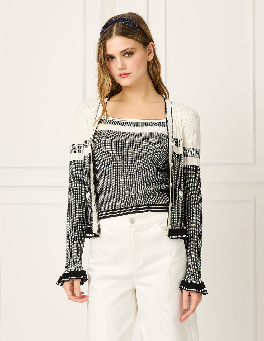 BORA AKSU V-Neck Long Sleeve Stripe Ruffle Trim Knit Cardigan