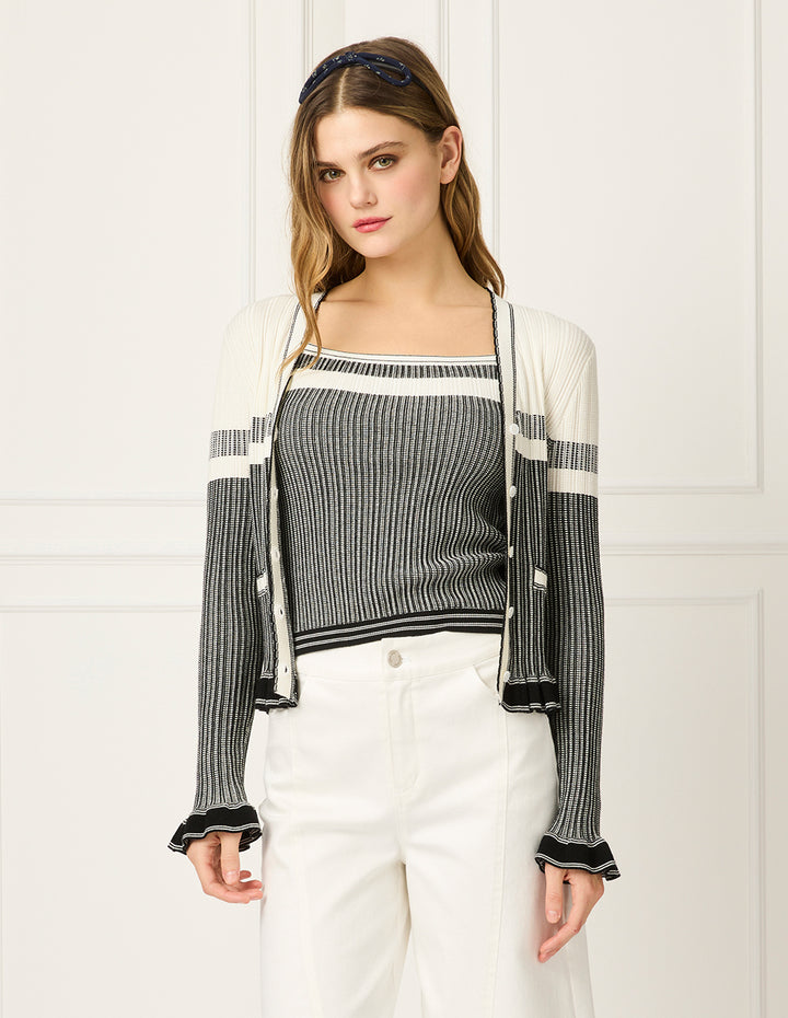BORA AKSU V-Neck Long Sleeve Stripe Ruffle Trim Knit Cardigan