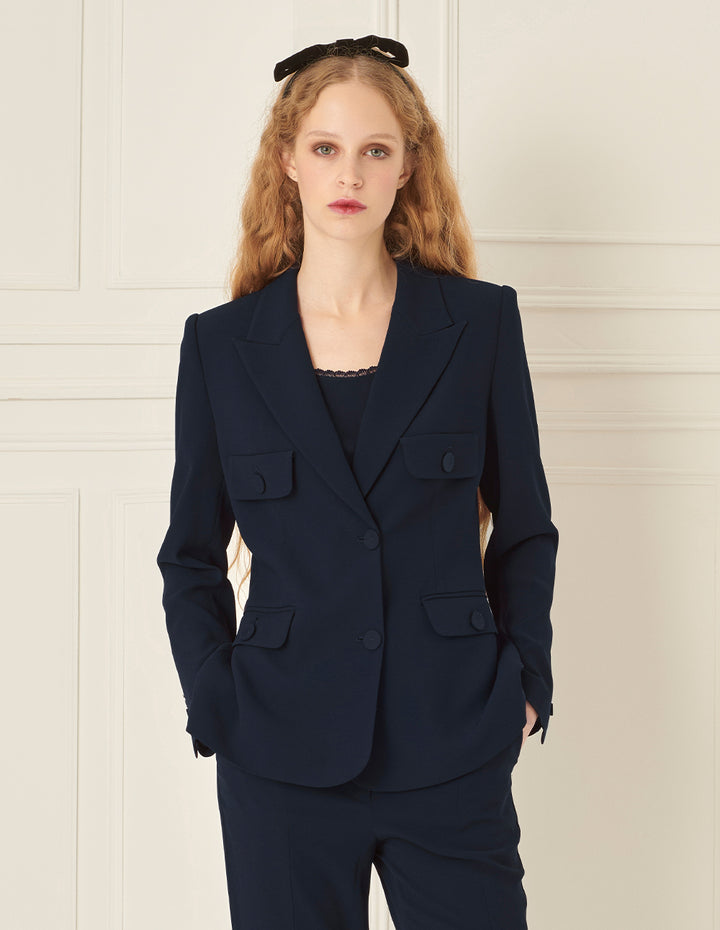 BORA AKSU Gun Lapel Front Shoulder Navy Blue Blazer